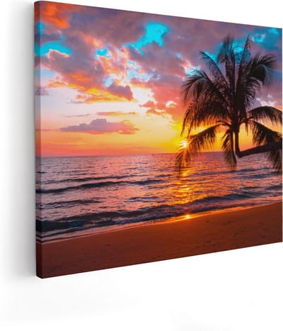 Artaza Canvas Schilderij Zonsondergang Strand - 100x80 cm - Groot - Wanddecoratie Zee - Muurdecoratie Palmboom - Schilderijen Op Canvas