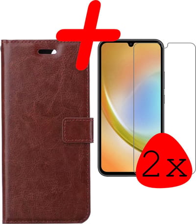 Hoesje Met 2x Screenprotector - Geschikt voor Samsung Galaxy A34 - Luxe Pasjeshouder - Bookcase Portemonee - Flip Case - Kunstleer Book Case - Flipcase Hoes - Book Cover - Walletcase - Portemonneehoes - Bruin