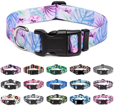 Halsband - speciale ontwerpen, zachte comfortabele duurzame nylon halsband voor kleine, middelgrote en grote honden, S, paarse bloemen