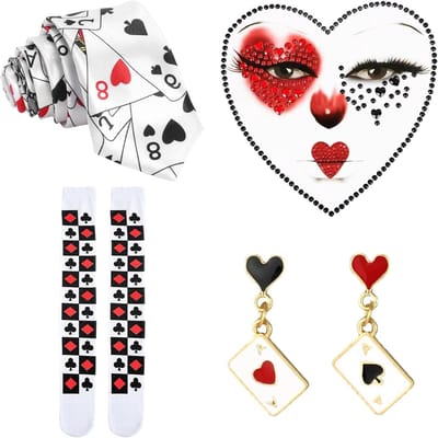 Hartkoninginnenkostuum voor dames, 4-delig met speelkaartenstropdas, overknee sokken, oorbellen en gezichtstattoos voor carnaval, kostuumfeest en themafeest