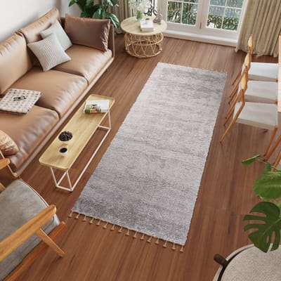 Tapiso Versay Fringes Tapijtloper Grijs Modern Hoogpolig Woonkamer Slaapkamer Gang Maat- 70x400