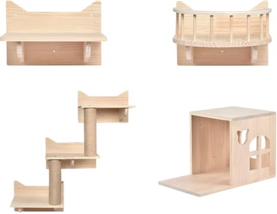 Kattenwandplanken Set 5-Delig - Houten Klimmuur voor Katten - Wandgemonteerd