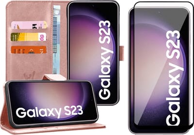 Hoesje geschikt voor Samsung Galaxy S23 - Screen Protector FullGuard - Book Case Kunstleer Pasjeshouder Roségoud & Screenprotector