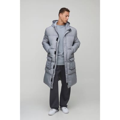 Tall 4 Pocket Longline Hooded Puffer Jacket in Black | Grey | Size Small