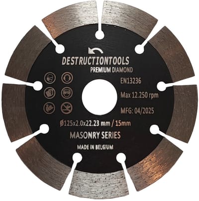 Destructiontools diamant zaagblad 125mm voor haakse slijper – droog snijden in beton, steen & baksteen – asgat 22,23 mm | Masonry Series