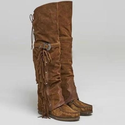 Heren Dames Laarzen Mode Bohemia Kniehoogte Etnische Persoonlijkheid Hoge Kwasten Kunstsuède Meisje Platte Bodem Lang Botas Mujer 35