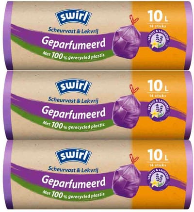 3x Swirl Pedaalemmerzakken Geparfumeerd Vanille & Lavendel met Trekband 10 liter 14 stuks