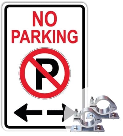 Bord No parking met pijlen - Weerbestendig Aluminium - 40x60 cm - Bevestiging: Met paalbeugels Ø48mm