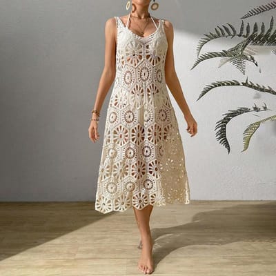 Nieuwe Zomer Strandrok Vrouwen Effen Kleur Sexy Gehaakt Strand Bikini Badpak Damesjurk One size white