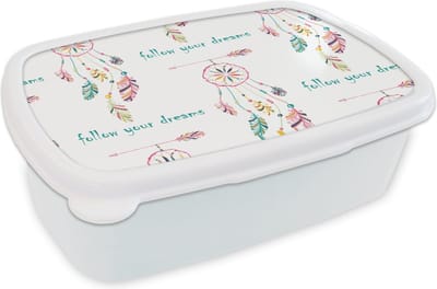 Broodtrommel Wit - Lunchbox - Brooddoos - Dromen - Dromenvanger - Veren - Patronen - Regenboog - 18x12x6 cm - Volwassenen