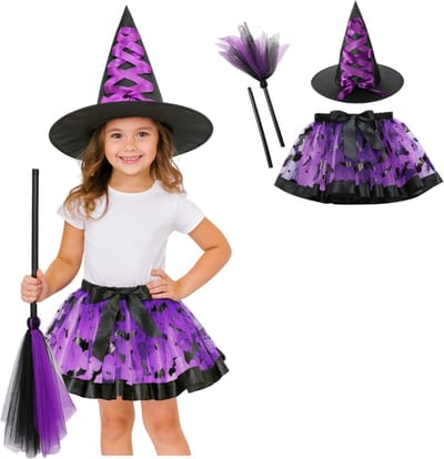 Joya Kids® Heksen Verkleedset Kind 3-delig | Tutu Rok + Heksenhoed + Bezem | Paars/Zwart | Halloween Accessoires | Verkleedkleding Witch | Heks Kostuum Meisje