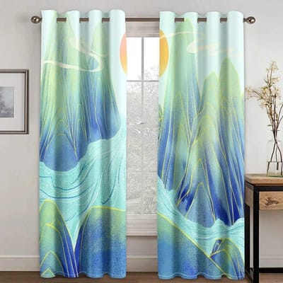 Japanse Stijl Chinees Schilderij Landschap Wolk Hoge Verduisteringsgordijn Voor Slaapkamer Woonkamer Hotelraam 2 Stuks Verduisterend Gordijn W50xH130(CM)x2PCS-Grommet Top
