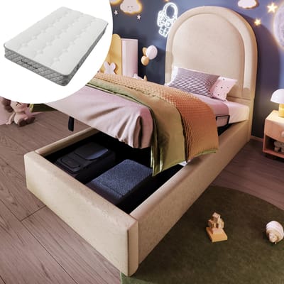 DESMIU Gestoffeerd Kinderbed 90x200 cm – Met 7-Zones Matras – Hydraulische Lattenbodem met Opbergruimte – Voor Jongens en Meisjes – PU – Beige – Met Matras