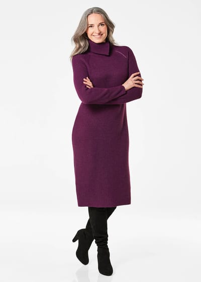 Tricot jurk met aantrekkelijke asymmetrische kraag - bessen - Gr. 38 van Goldner Fashion