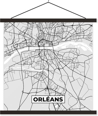 Posterhanger incl. Poster 60x60 cm - Schoolplaat - Frankrijk - Orléans - Stadskaart - Plattegrond - Kaart - Textielposter - Zwarte latten - Stadskaart