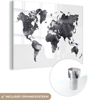 MuchoWow® Glasschilderij 80x60 cm - Schilderij acrylglas - Wereldkaart - Waterverf - Zwart - Wit - Foto op glas - Schilderijen