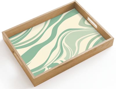 Dienblad hout 40x30 cm - Schootdienblad - Organische lijnen - Mintgroen - Marmer - Borrelplank rechthoek - Plateau dienbladen