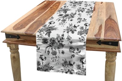 ABAKUHAUS Tafelloper – 40x180 cm – zwart-wit, polyester, handgestikte randen