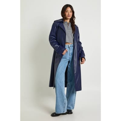 boohoo Dames Lange kunstleren trenchcoat | Navy | Maat: 8