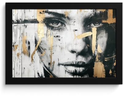 Poster in lijst - Fotolijst 30x20 cm - Posters - Portret - Vrouw - Penseelstreken - Goud - Posterlijst zwart - Decoratie - Wanddecoratie woonkamer - Muurdecoratie slaapkamer