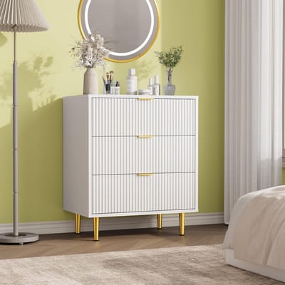 Ladekast met 3 Lades - Moderne Commode met Geribbelde Voorkant - Gouden Handgrepen & Metalen Poten - Voor Slaapkamer, Woonkamer en Hal - Wit