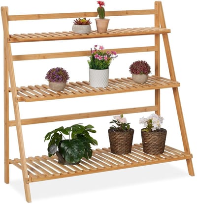 Famanu – Bamboe plantentrap met 3 etages, HxBxD: 96 x 99,5 x 37 cm, inklapbaar bloemenrek, natuur