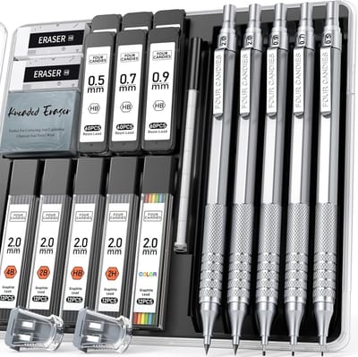 PromoHome Complete Metalen Vulpotloden Set- 5 Metal Mechanische Tekengereedschappen met 420 Vullingen - Inclusief Gummen, Puntenslijper en Verschillende Lijndiktes (0.5mm, 0.7mm, 0.9mm, 2.0mm) - Ideaal voor Kunstenaars en Studenten