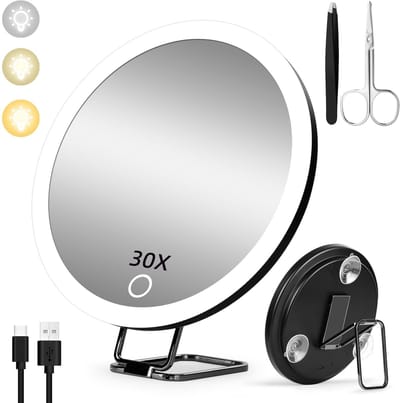 carmdering - Vergrootspiegel - Make-up Spiegel - LED Verlichting - 30x vergroting, optisch glas voor helder beeld - Drie kleurtemperaturen, dimbaar via touchcontrol - Oplaadbaar met USB-C, tot 7 dagen gebruik - Inclusief pincet en schaartje