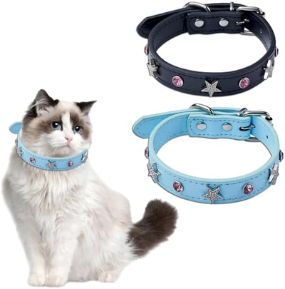 Dailygoods- Kattenhalsband met sterretjes - Verstelbare Halsband - PU-leer - Metalen Gesp - 2 Stuks - Fonkelende Strass-steentjes