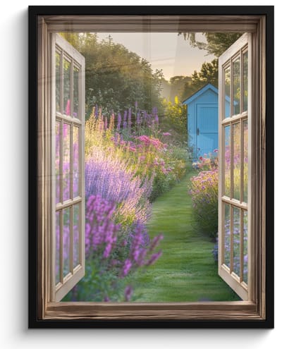 Poster in lijst - Fotolijst 50x70 cm - Posters - Doorkijk - Bloemen - Raam - Natuur - Posterlijst zwart - Decoratie - Wanddecoratie woonkamer - Muurdecoratie slaapkamer