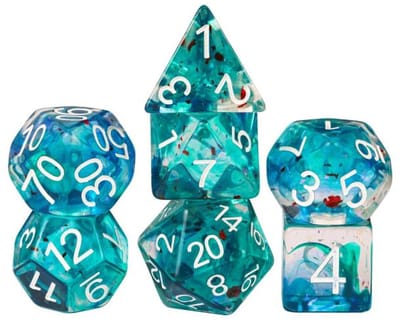 HOT Games dobbelstenen set swirl folie blauw groen rood 7 stuks jumbo.