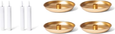 Set van 4 kaarsenhouders, diameter 13 cm, decoratieve schaal goud met LED-kaars van echte was, premium scandic chic kaarsenschotel, tafelkaarsen, kerstdecoratie, adventskrans, kaarsenhouder