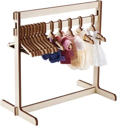 Poppenkledingrek - Mini Kledinghanger - Poppenhuis Inrichting - Inclusief 15 hangers - 30 cm hoog - Antiek Wit