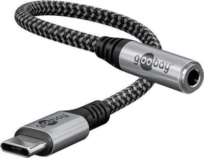 USB-C (m) naar 3.5mm Stereo Jack (v) Adapterkabel - Met DAC - Nylon sleeve - 0,1 meter - Zwart