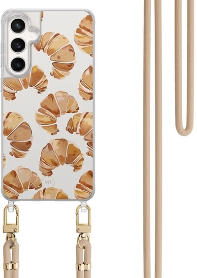 Hoesje met koord geschikt voor Samsung Galaxy S24 FE - Croissant - Inclusief Beige koord - Crossbody beschermhoes - Transparant, Bruin - Mooie Telefoonhoesjes