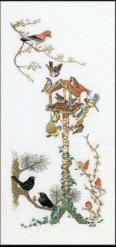 Thea Gouverneur - Borduurpakket met telpatroon - 1065A - Voorgesorteerde DMC Garens - Vogelhuisje - Aida - 45 cm x 100 cm - DIY Kit