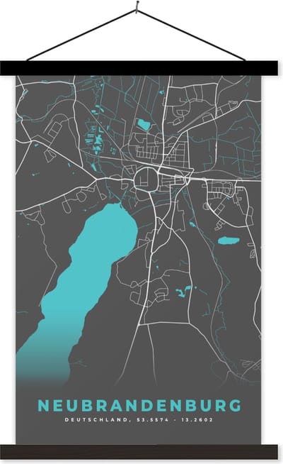 Posterhanger incl. Poster 40x60 cm - Schoolplaat - Duitsland – Blauw – Neubrandenburg – Stadskaart – Kaart – Plattegrond - Textielposter - Zwarte latten - Stadskaart
