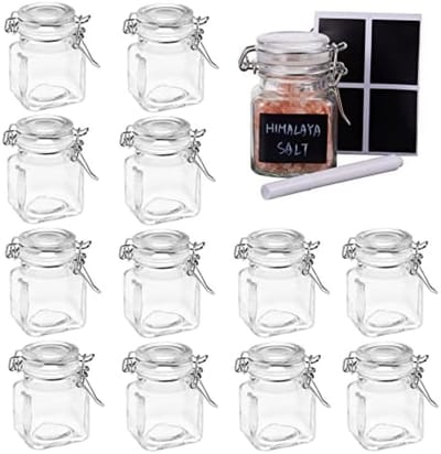 PromoHome 12 Stuks Luchtdichte Kruidenpotjes - Vierkante Glazen Potjes met Clipsluiting Deksel - 100ml Keukenopslag - Inclusief 24 Etiketten en Krijtstift