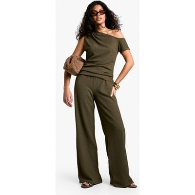 boohoo Dames Textured Asym Hem Mouwloze Top & Broek Co-ord | Khaki | Maat: 10