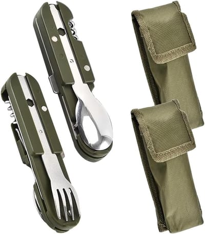 Multifunctionele 6-in-1 Camping Bestekset van RVS met Oxford Tas, Ideaal voor Buitenactiviteiten en Kamperen
