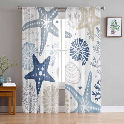 Organismes Marins Coraux Étoiles de Mer Coquillages Rideaux Voilages pour Décoration de Salon Rideaux de Fenêtre Cuisine Tulle Voile Rideaux W135 x H137cm x1