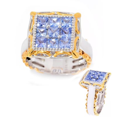 Cavill - Ring 925 Sterling Zilver Palladium - Princess Tanzaniet 0,86 ct - Blauwe Edelsteen - Elegante Damesring met Gouden Rand