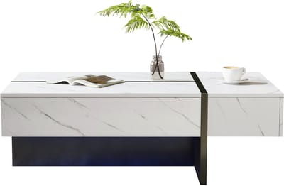 Salontafel met LED Verlichting, App-Gestuurd, Marmer Hoge Glans Blad, 3 Opbergladen, Onregelmatig Design, Wit, 105x60x35 cm