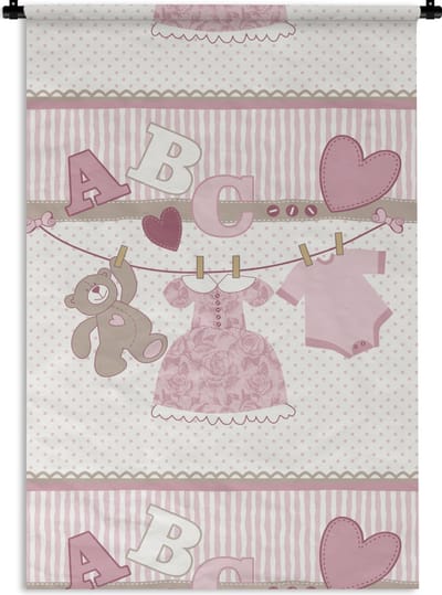 Wandkleed - Wanddoek - Baby kleren - Meisje - Knuffelbeer - Waslijn - Design - 60x90 cm - Wandtapijt