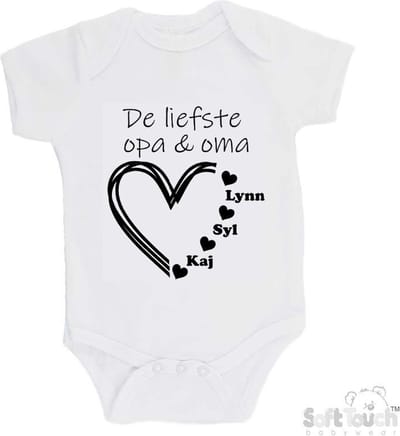 100% katoenen Romper "De liefste opa & oma met de namen van 3 kleinkinderen" Unisex Katoen Wit/zwart 62/68