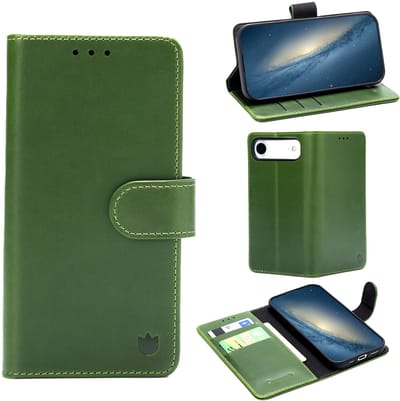 Casemania Echt Leren Hoesje Geschikt voor Apple iPhone 17 Air - Olive Green - Leer Book Cover - Portemonnee Telefoonhoesje met Pasjeshouder