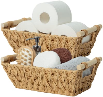 Unyqoos ® Handgevlochten Opbergmanden Set van 2 met Houten Handgrepen voor Plank en Badkamer