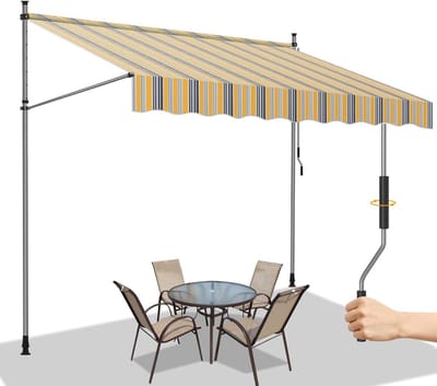 Klemluifel, 300 x 120 cm, met handslinger, voor balkon, balkonluifel zonder boren, in hoogte verstelbaar, luifels, uv-bestendig, zonwering, waterdicht, intrekbaar, eenvoudige montage, geel