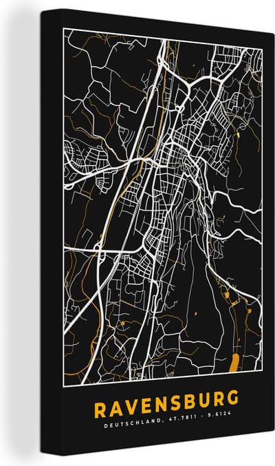 Canvas Schilderij Goud – Duitsland – Plattegrond – Gold – Stadskaart – Kaart – Ravensburg - 20x30 cm - Wanddecoratie