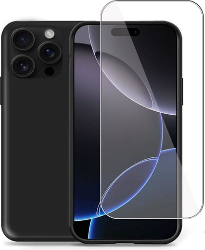 Hoesje + Screenprotector geschikt voor Apple iPhone 16 Pro – Tempered Glass - Liquid Back Case Cover Zwart